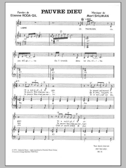 Mort Shuman Pauvre Dieu Sheet Music Notes & Chords for Piano & Vocal - Download or Print PDF
