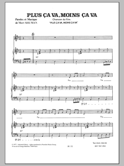 Mort Shuman Plus ca Va, Moins ca Va Sheet Music Notes & Chords for Piano & Vocal - Download or Print PDF