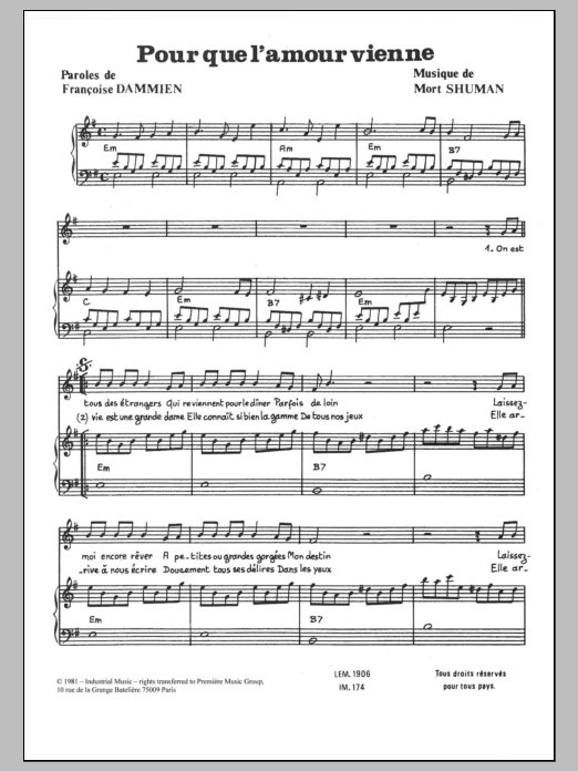 Mort Shuman Pour Que L'amour Vienne Sheet Music Notes & Chords for Piano & Vocal - Download or Print PDF