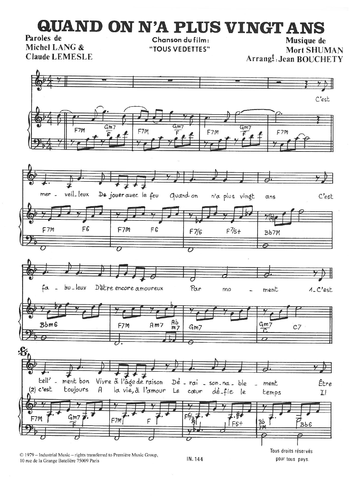 Mort Shuman Quand On A Plus Vingt Ans Sheet Music Notes & Chords for Piano & Vocal - Download or Print PDF