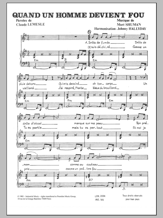 Mort Shuman Quand Un Homme Devient Fou Sheet Music Notes & Chords for Piano & Vocal - Download or Print PDF