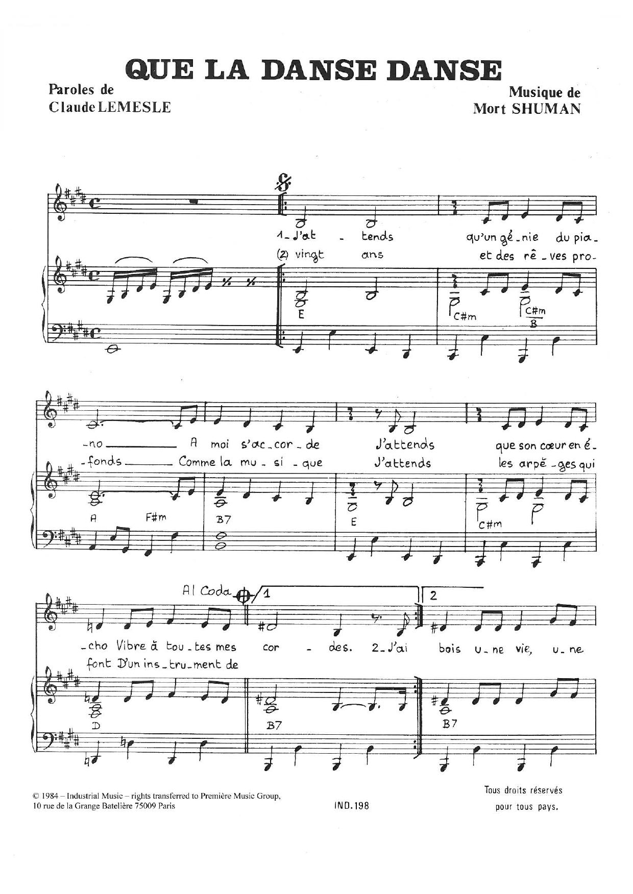 Mort Shuman Que La Danse Danse Sheet Music Notes & Chords for Piano & Vocal - Download or Print PDF