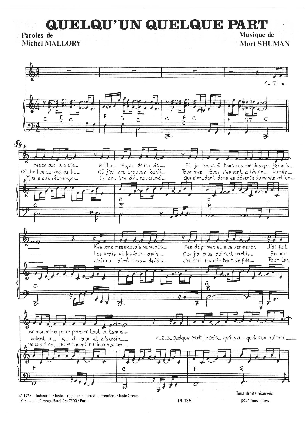Mort Shuman Quelqu'un Quelque Part Sheet Music Notes & Chords for Piano & Vocal - Download or Print PDF