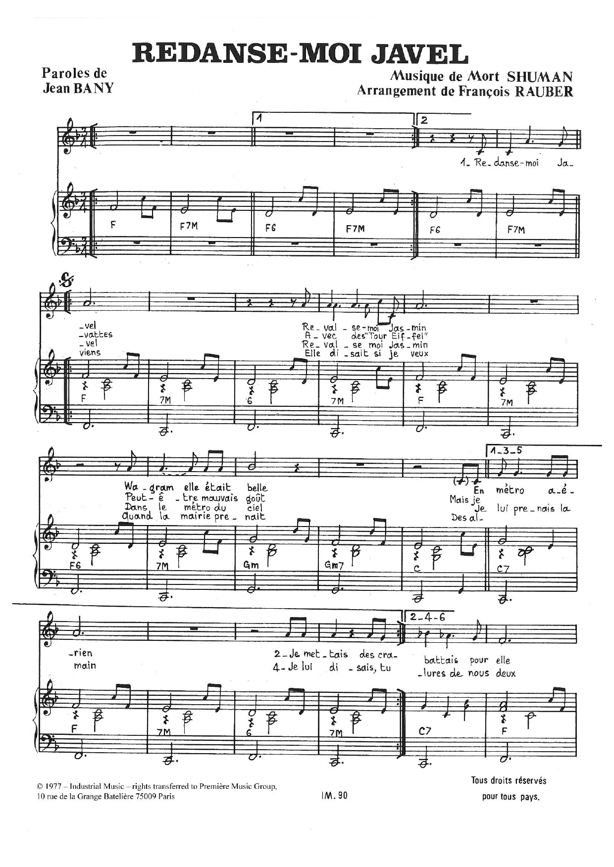 Mort Shuman Redanse-Moi Javel Sheet Music Notes & Chords for Piano & Vocal - Download or Print PDF