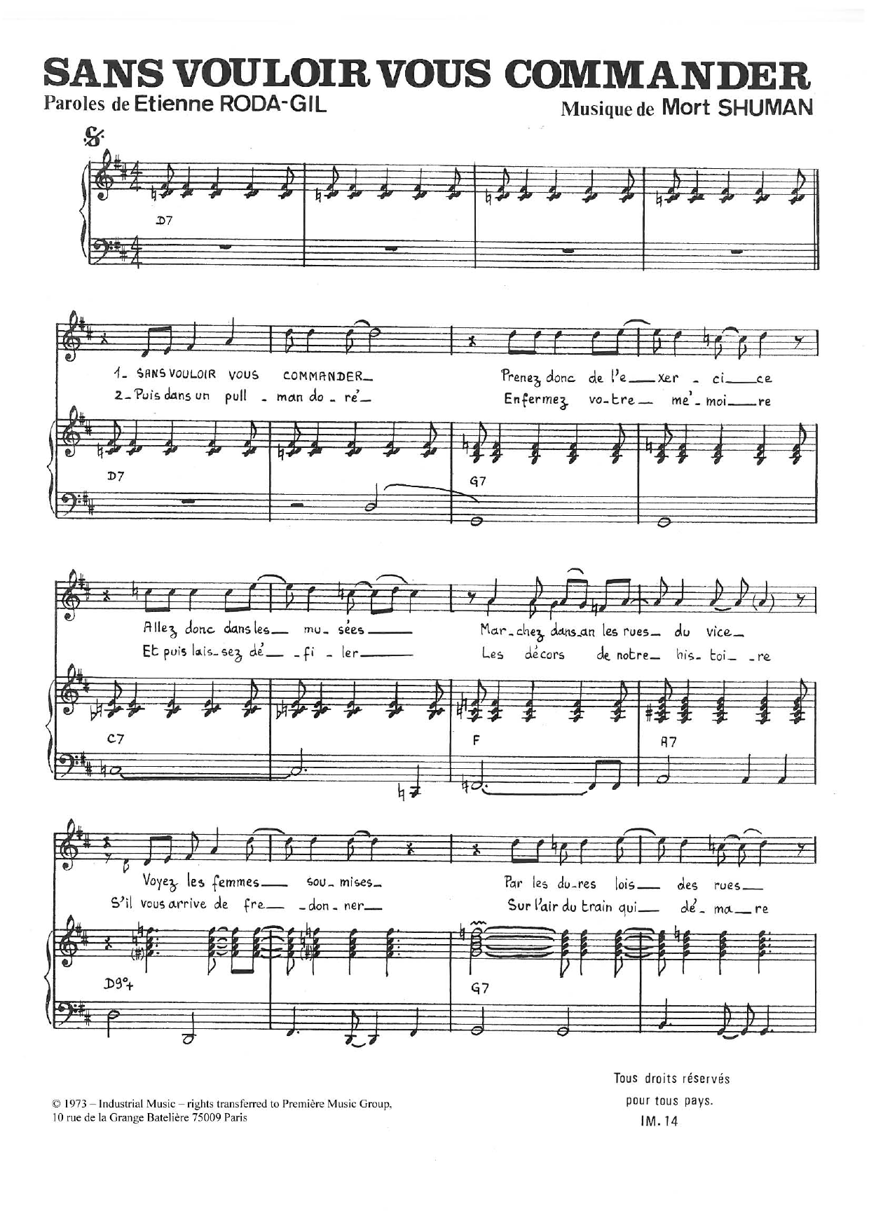 Mort Shuman Sans Vouloir Vous Commander Sheet Music Notes & Chords for Piano & Vocal - Download or Print PDF