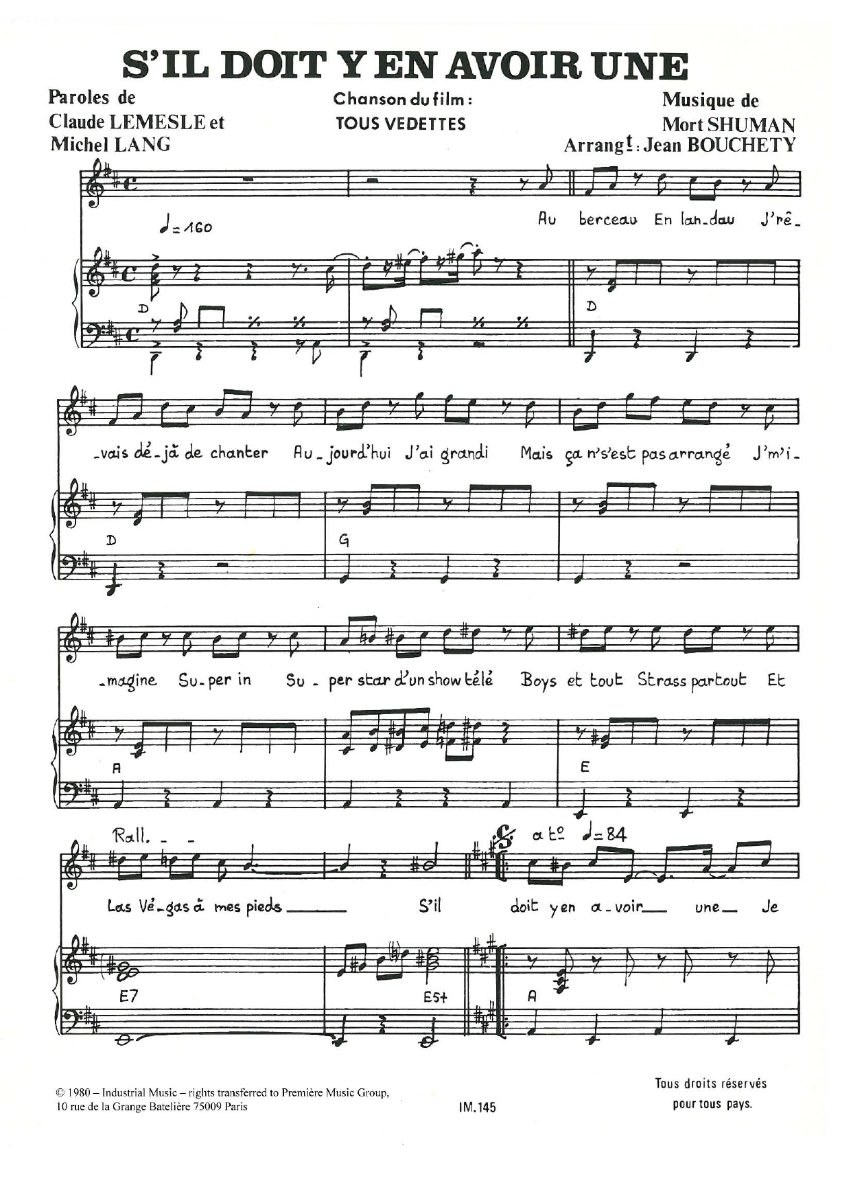 Mort Shuman S'il Doit Y En Avoir Une Sheet Music Notes & Chords for Piano & Vocal - Download or Print PDF