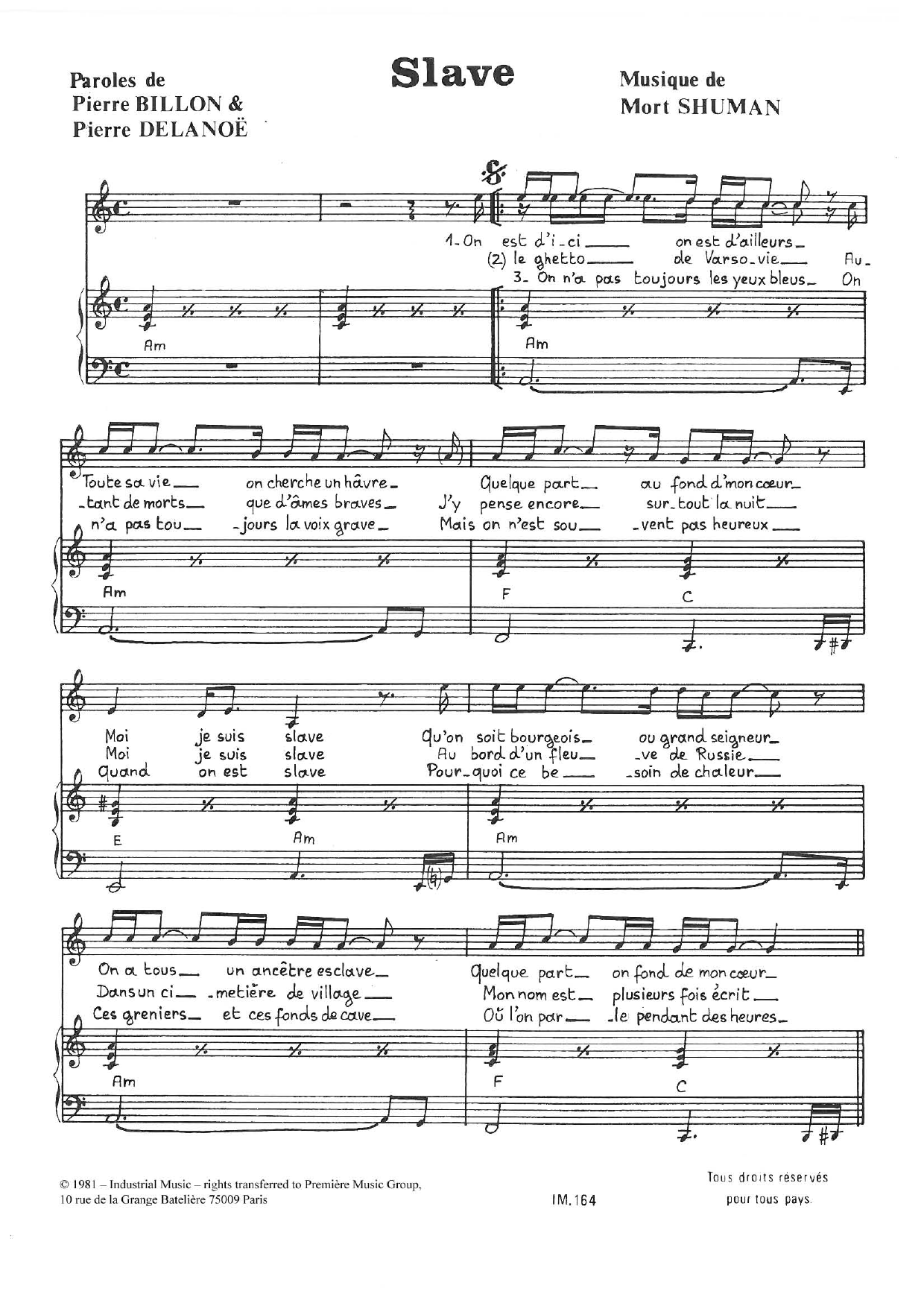 Mort Shuman Slave Sheet Music Notes & Chords for Piano & Vocal - Download or Print PDF