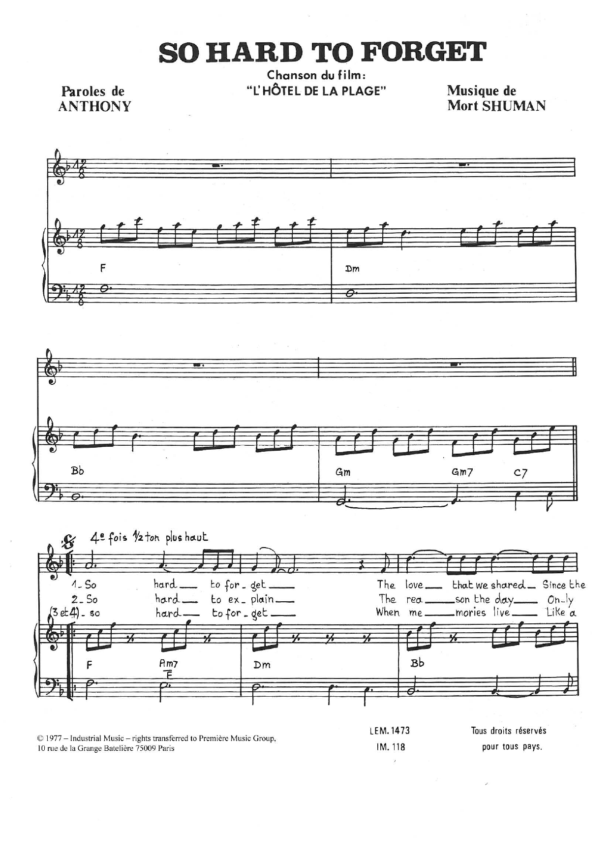 Mort Shuman So Hard To Forget Sheet Music Notes & Chords for Piano & Vocal - Download or Print PDF