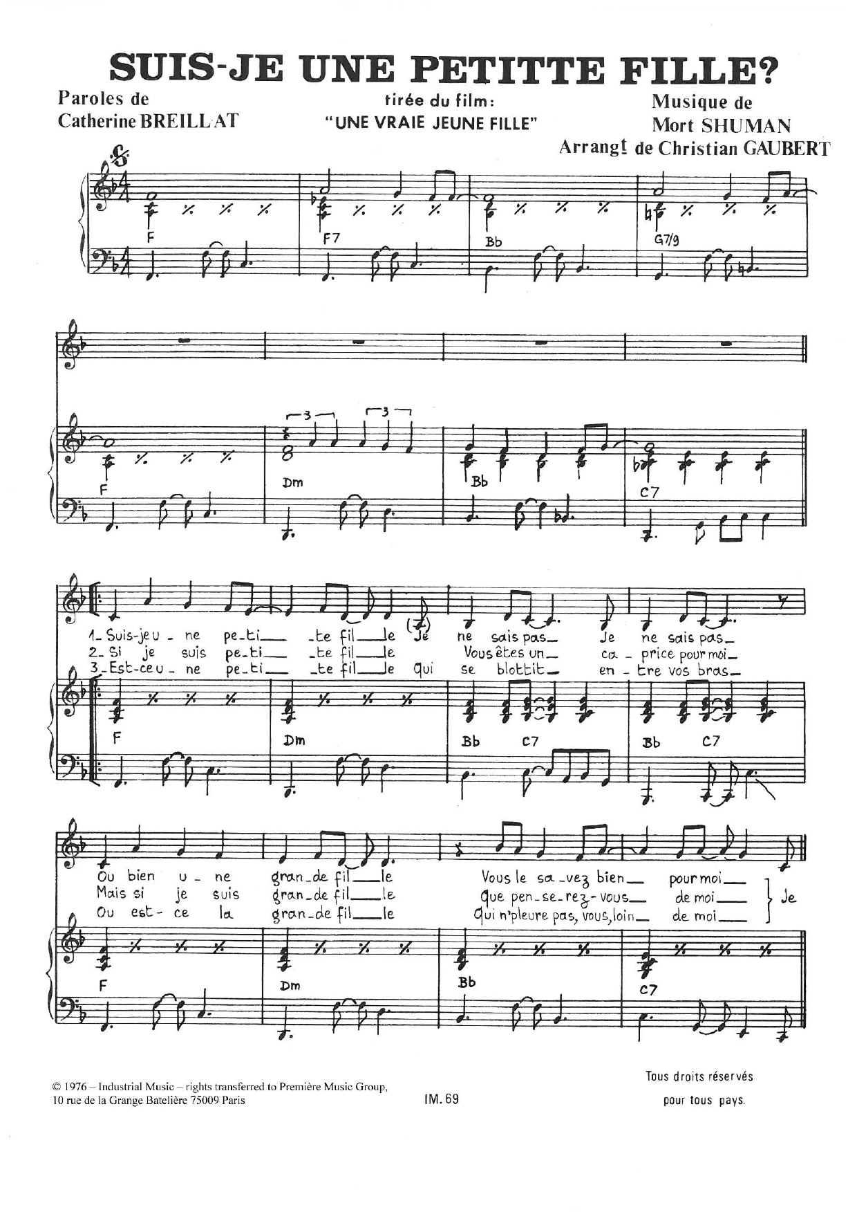 Mort Shuman Suis-Je Une Petite Fille Sheet Music Notes & Chords for Piano & Vocal - Download or Print PDF