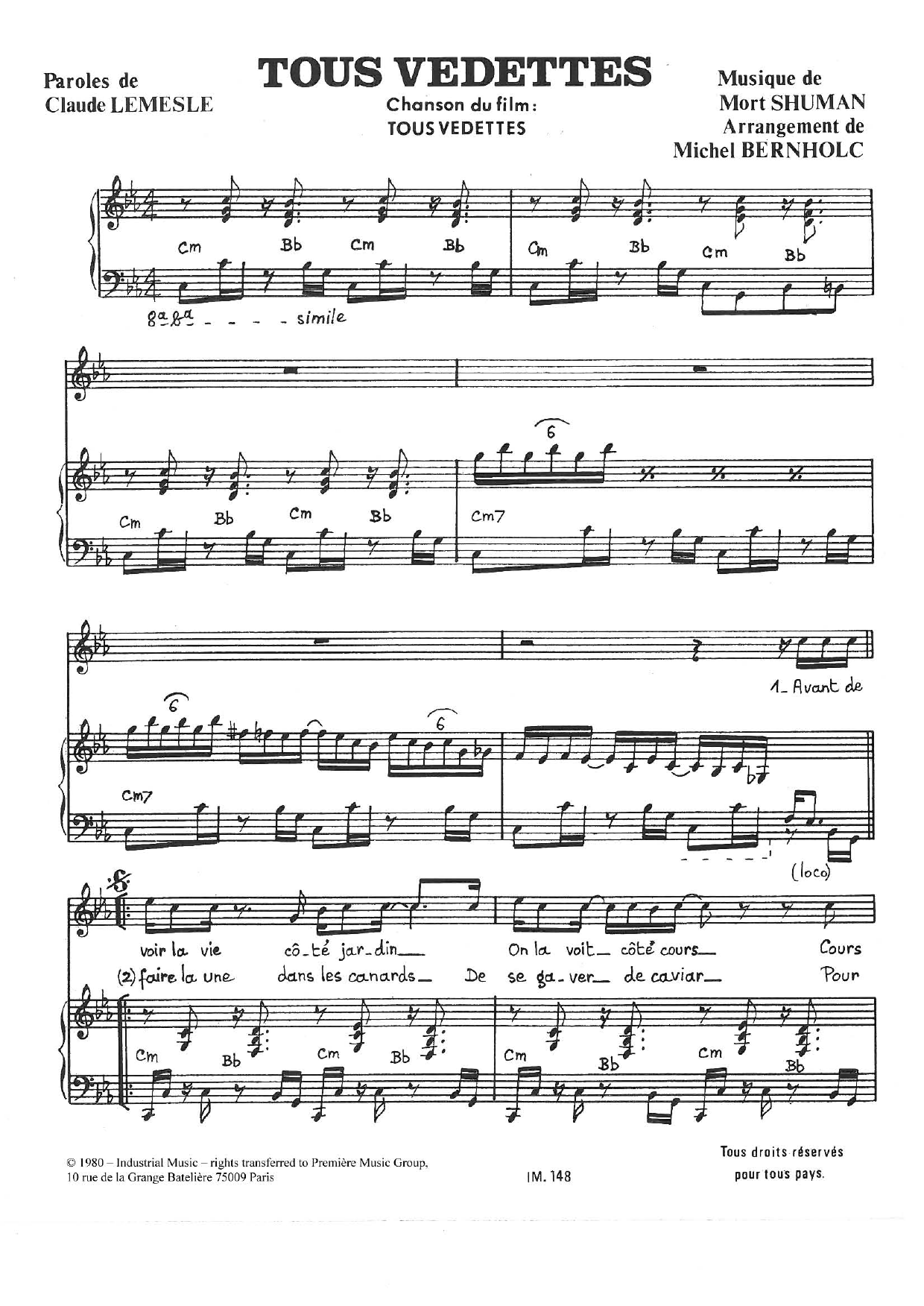 Mort Shuman Tous Vedettes Sheet Music Notes & Chords for Piano & Vocal - Download or Print PDF