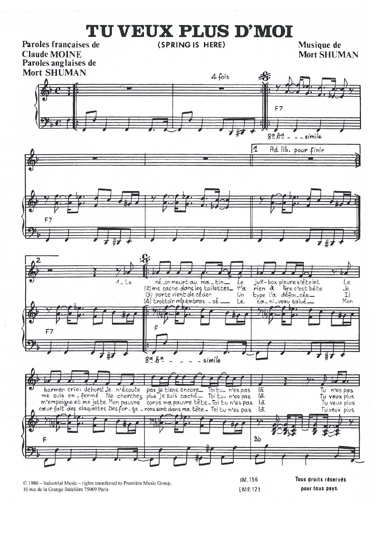 Mort Shuman Tu Veux Plus D'moi Sheet Music Notes & Chords for Piano & Vocal - Download or Print PDF