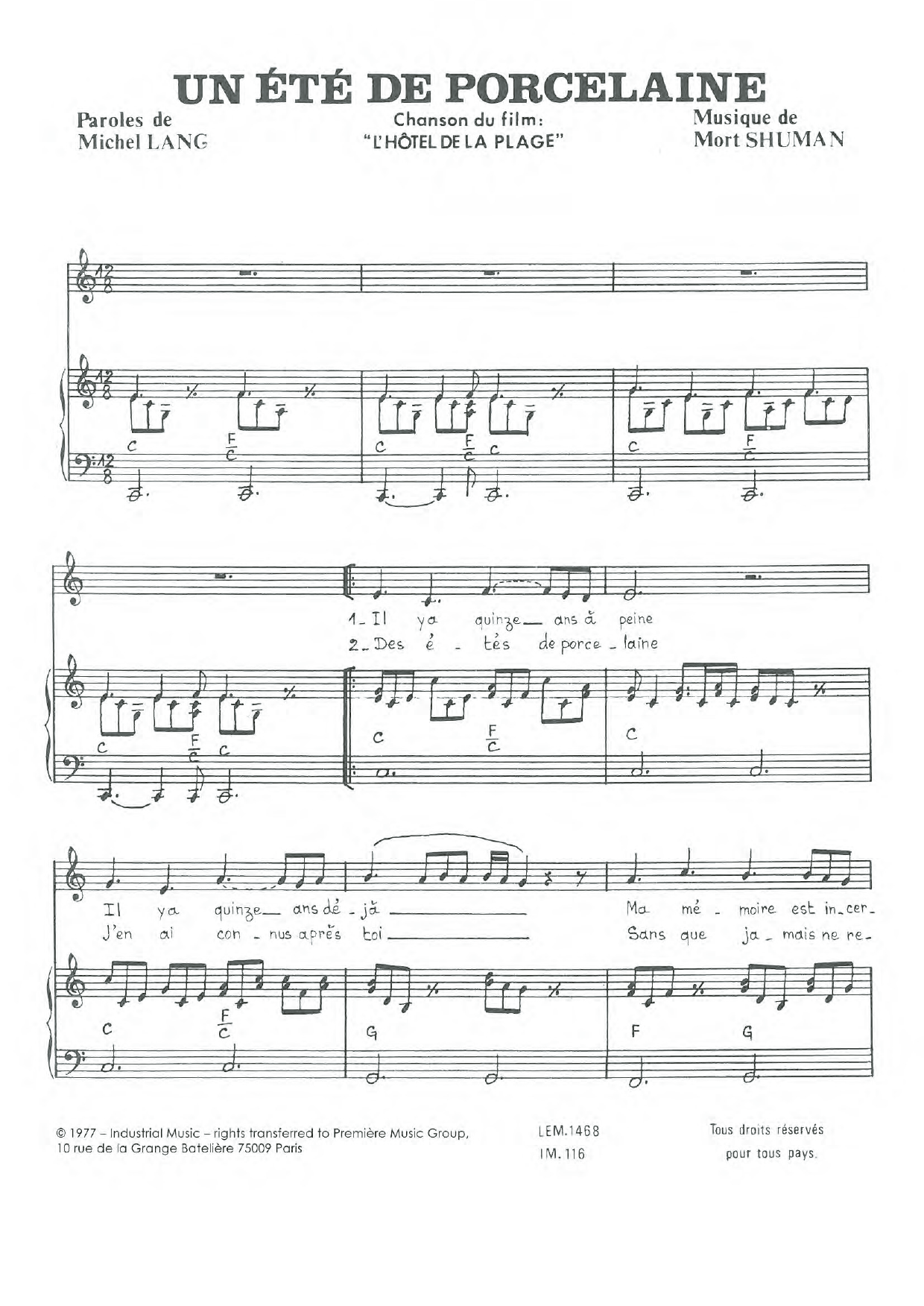 Mort Shuman Un Ete De Porcelaine Sheet Music Notes & Chords for Piano & Vocal - Download or Print PDF