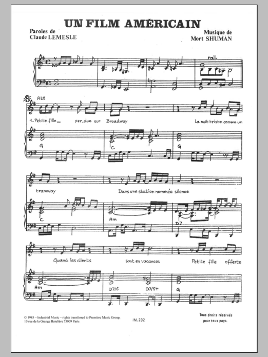 Mort Shuman Un Film American Sheet Music Notes & Chords for Piano & Vocal - Download or Print PDF