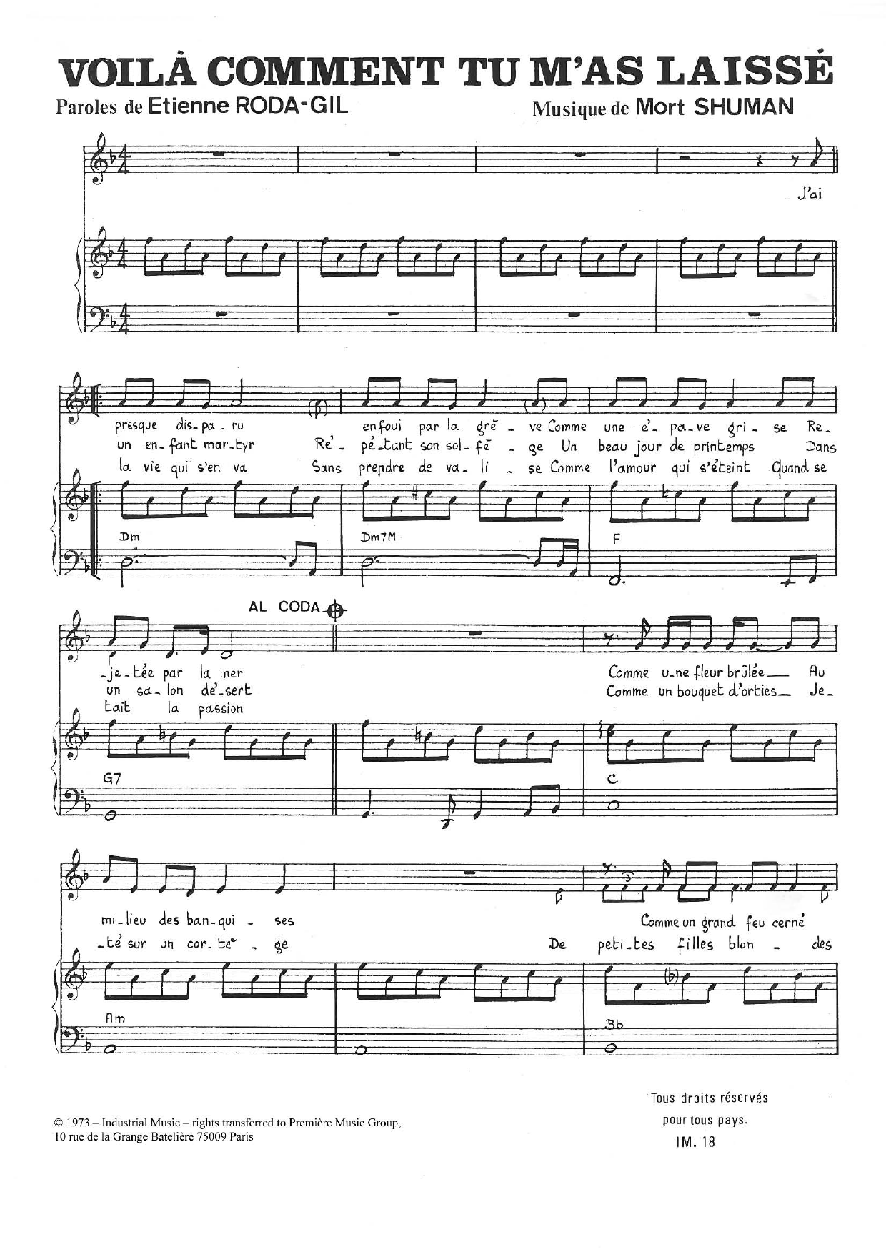 Mort Shuman Voila Comment Tu M'as Laisse Sheet Music Notes & Chords for Piano & Vocal - Download or Print PDF