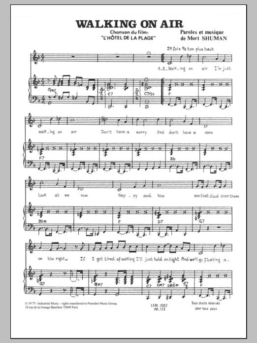 Mort Shuman Walking On Air Sheet Music Notes & Chords for Piano & Vocal - Download or Print PDF