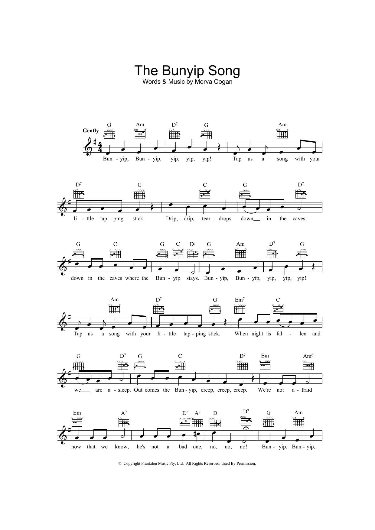 Morva Cogan The Bunyip Song Sheet Music Notes & Chords for Melody Line, Lyrics & Chords - Download or Print PDF