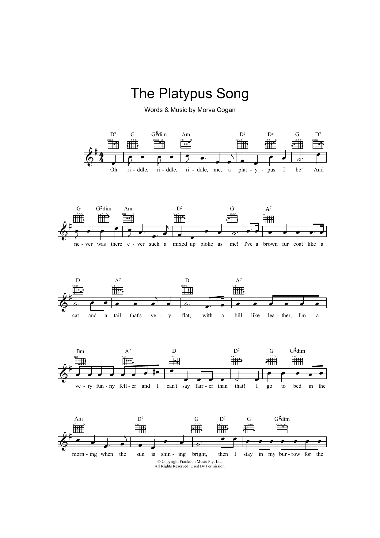 Morva Cogan The Platypus Song Sheet Music Notes & Chords for Melody Line, Lyrics & Chords - Download or Print PDF