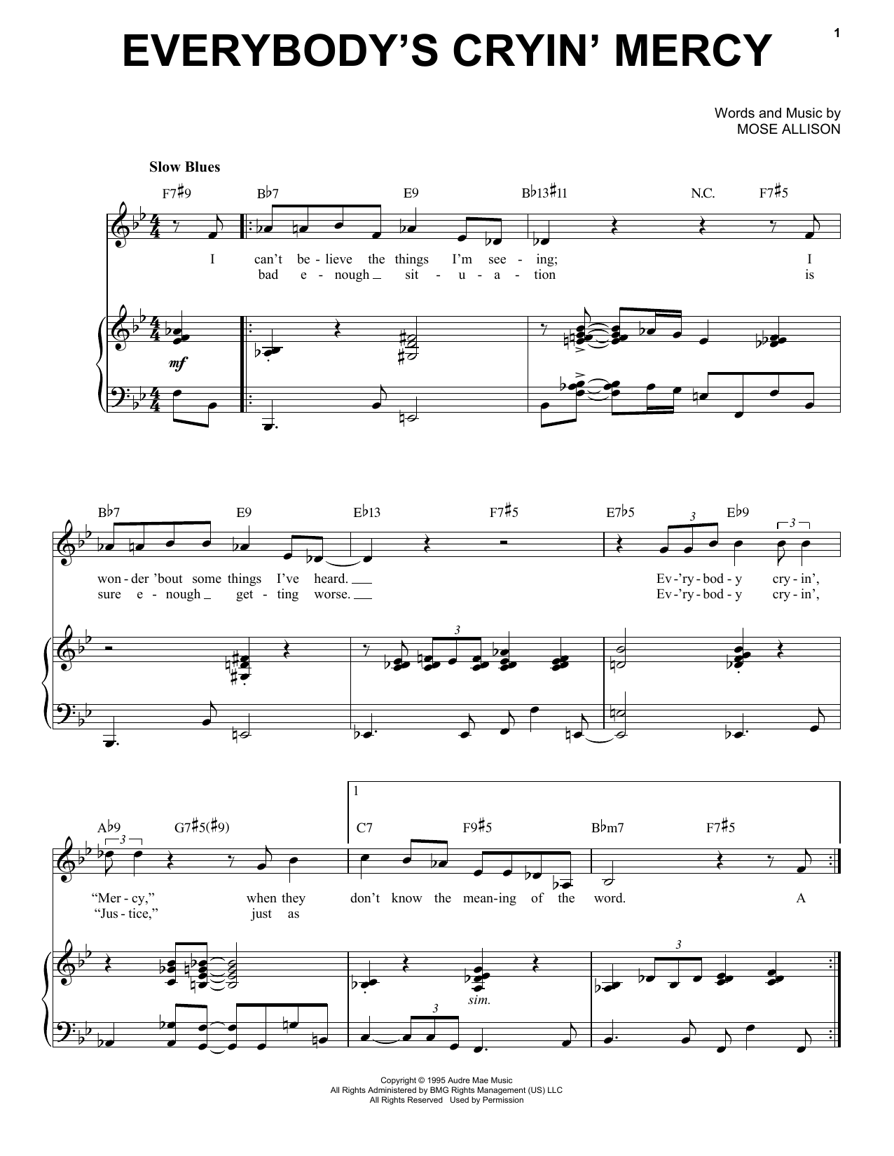 Mose Allison Everybody's Cryin' Mercy Sheet Music Notes & Chords for Piano & Vocal - Download or Print PDF