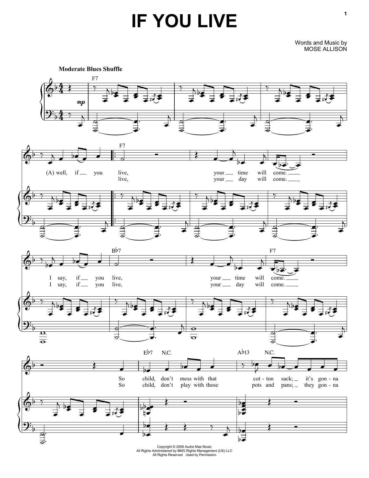 Mose Allison If You Live Sheet Music Notes & Chords for Piano & Vocal - Download or Print PDF
