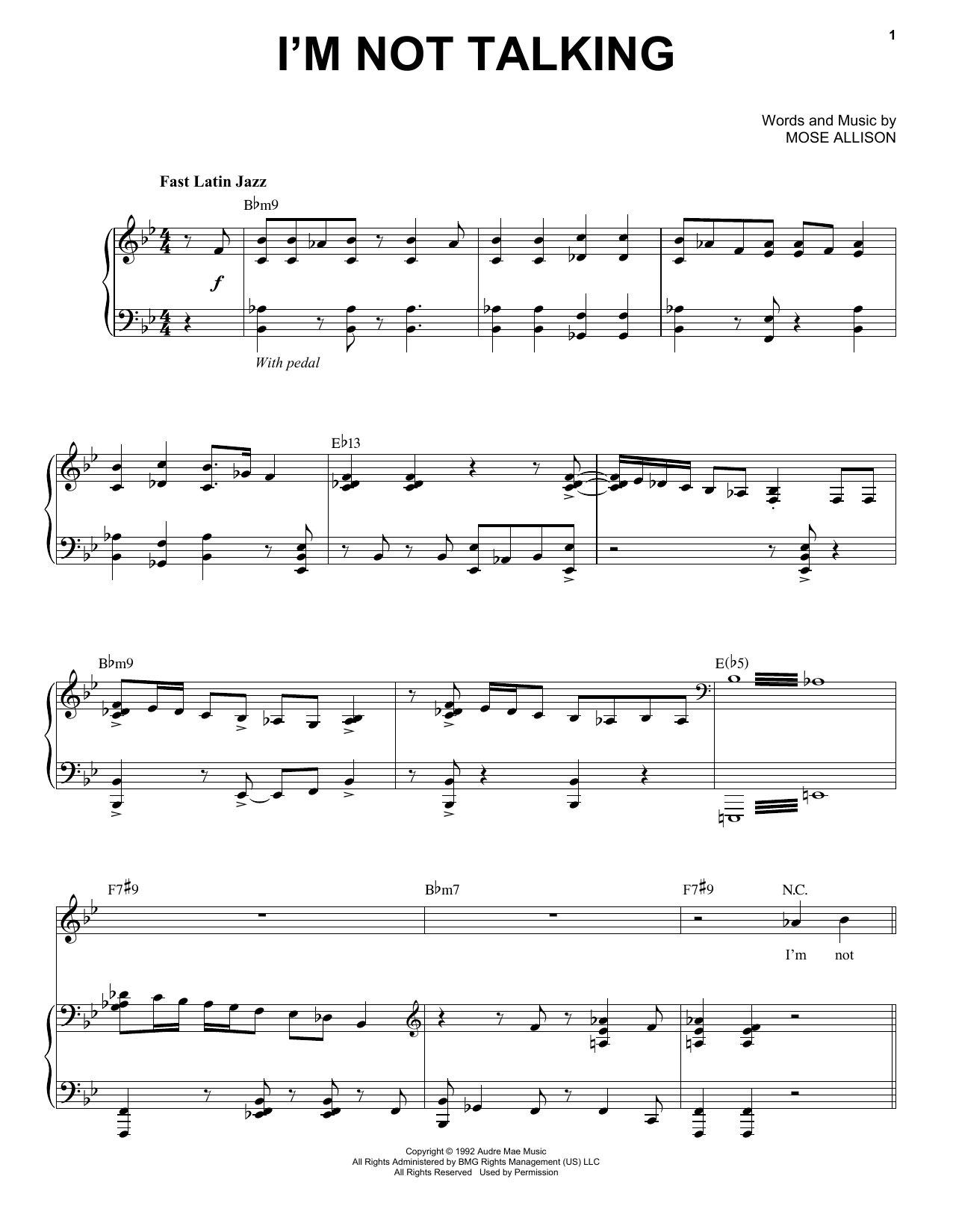 Mose Allison I'm Not Talking Sheet Music Notes & Chords for Piano & Vocal - Download or Print PDF
