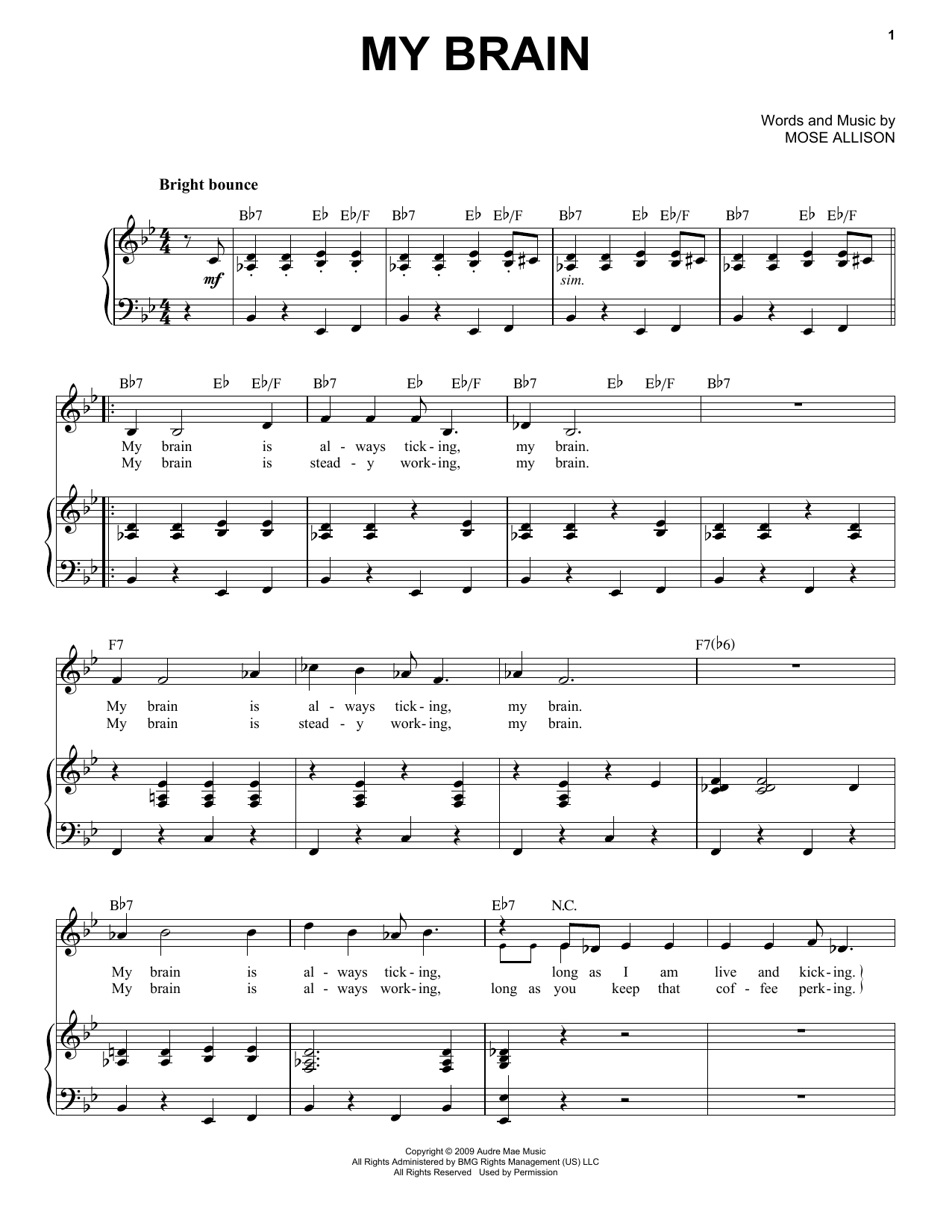 Mose Allison My Brain Sheet Music Notes & Chords for Piano & Vocal - Download or Print PDF