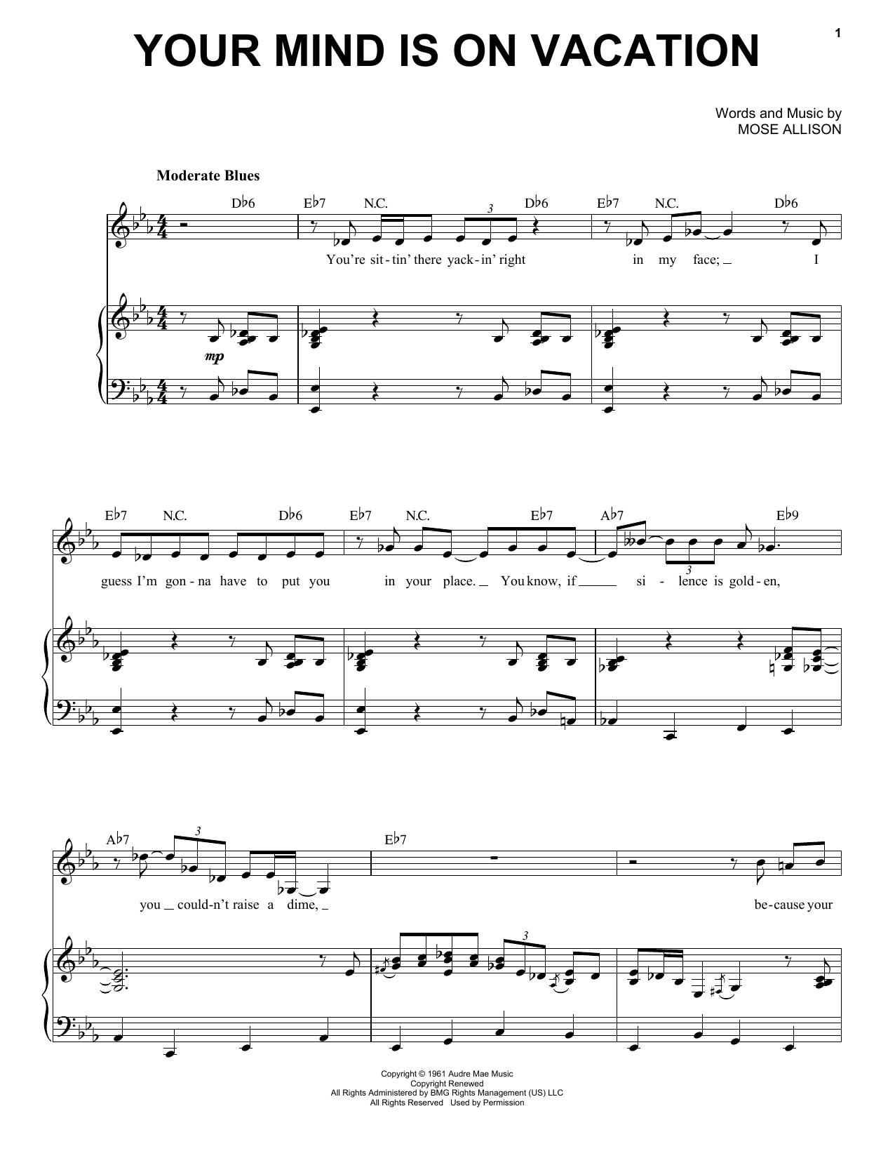 Mose Allison Your Mind Is On Vacation Sheet Music Notes & Chords for Piano & Vocal - Download or Print PDF