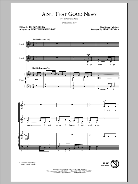 Moses Hogan Ain't That Good News Sheet Music Notes & Chords for 2-Part Choir - Download or Print PDF