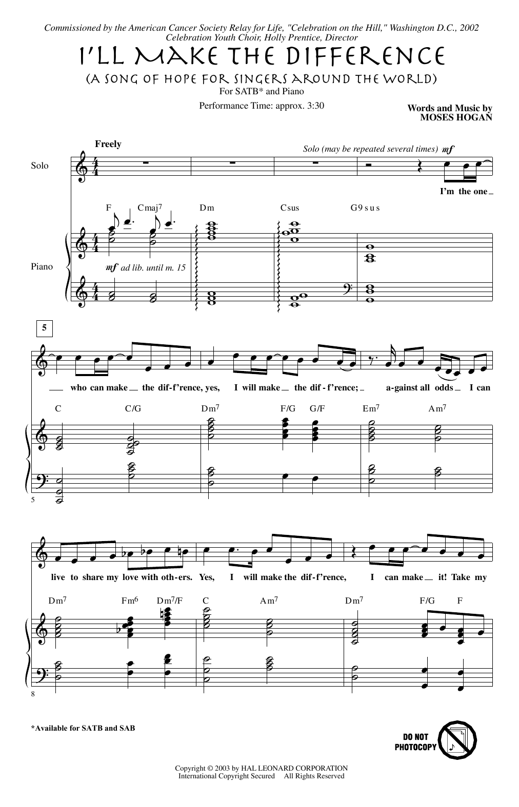 Moses Hogan I'll Make The Difference (A Song Of Hope For Singers Around The World) Sheet Music Notes & Chords for SATB Choir - Download or Print PDF