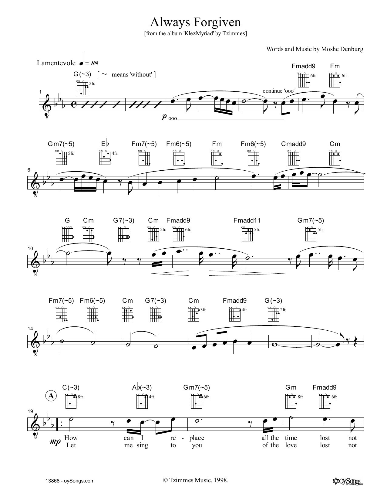 Moshe Denburg Always Forgiven Sheet Music Notes & Chords for Melody Line, Lyrics & Chords - Download or Print PDF