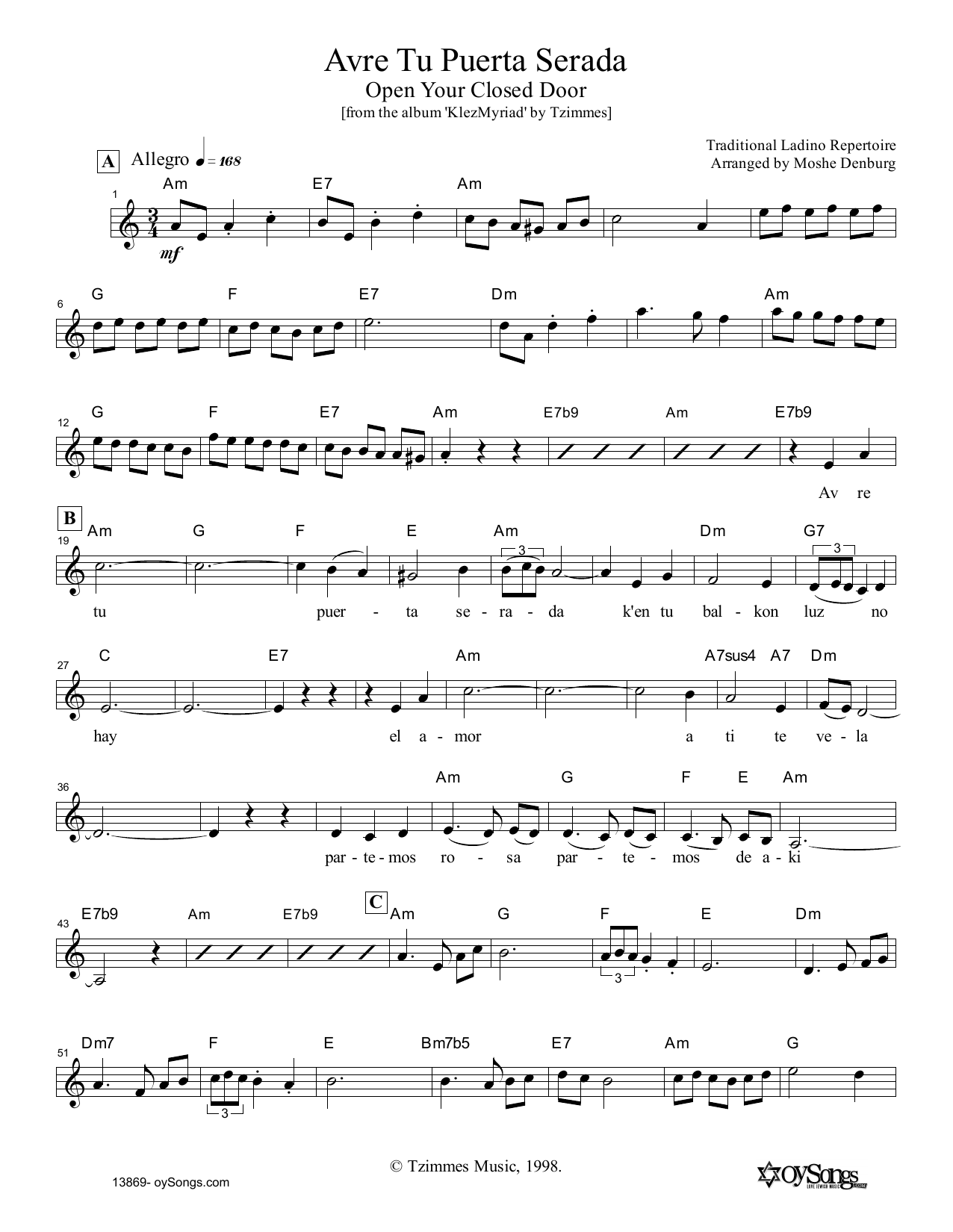 Moshe Denburg Avre Tu Puerta Serada Sheet Music Notes & Chords for Melody Line, Lyrics & Chords - Download or Print PDF