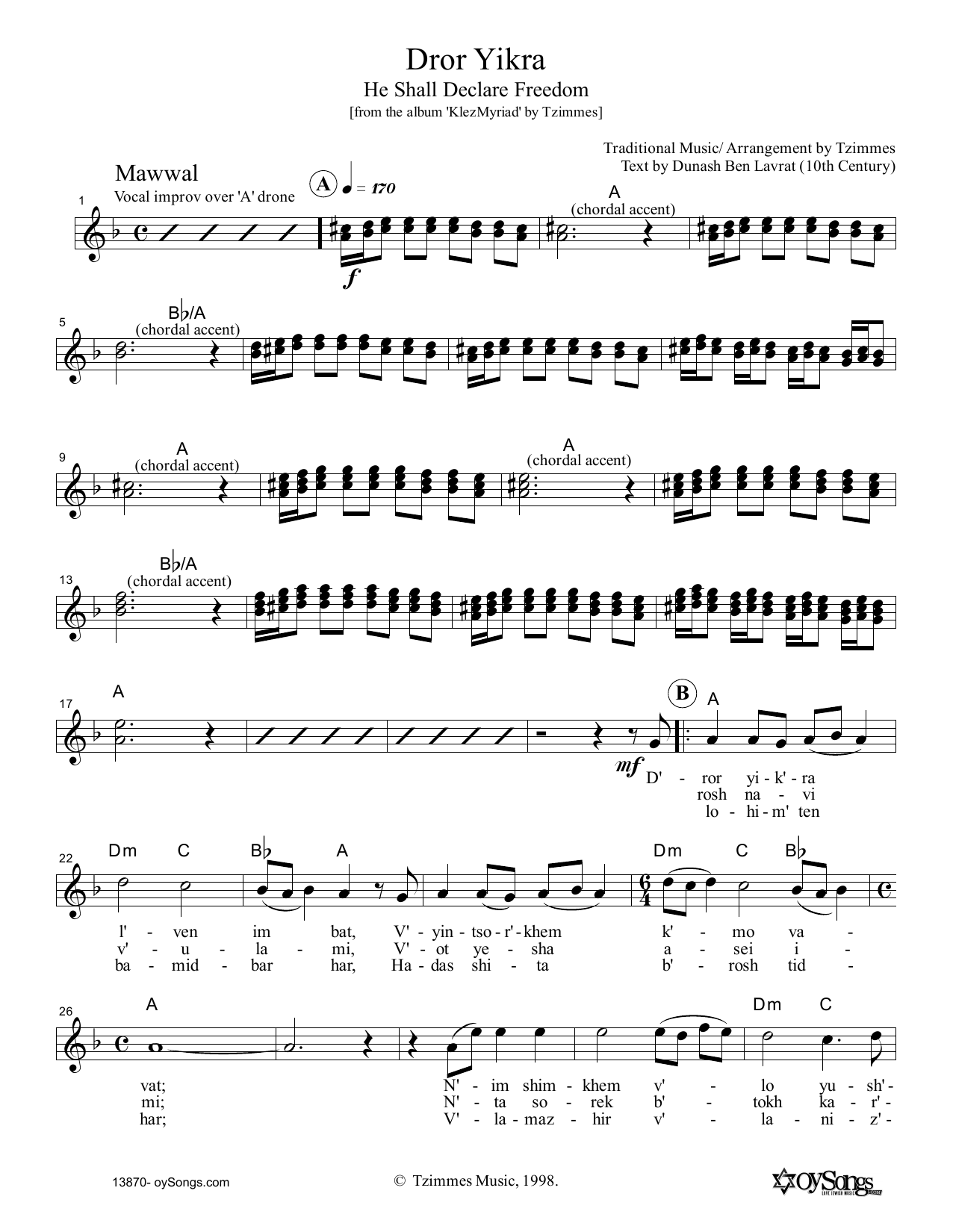Moshe Denburg Dror Yikra Sheet Music Notes & Chords for Melody Line, Lyrics & Chords - Download or Print PDF