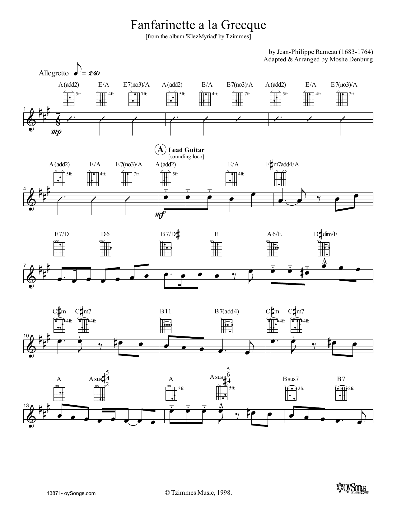 Moshe Denburg Fanfarinette a la Grecque Sheet Music Notes & Chords for Melody Line, Lyrics & Chords - Download or Print PDF