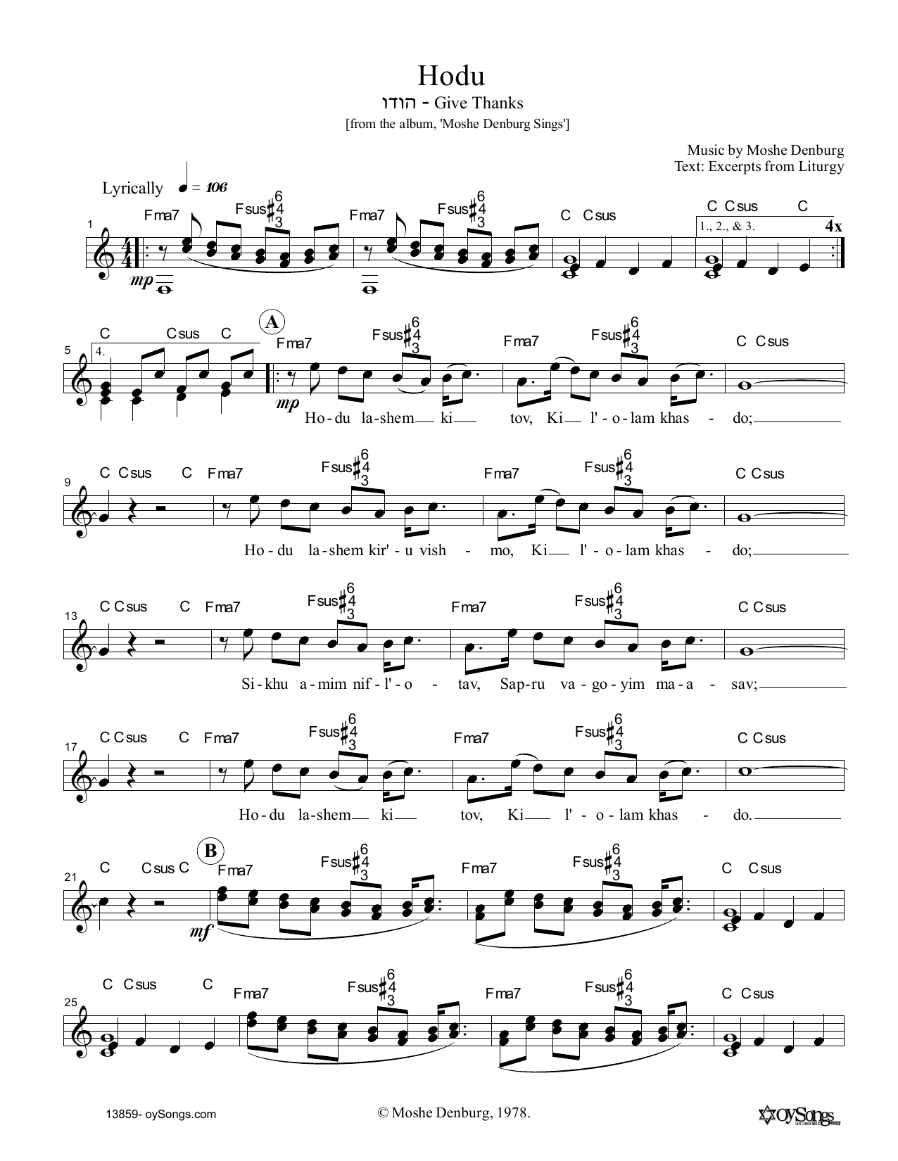 Moshe Denburg Hodu Sheet Music Notes & Chords for Melody Line, Lyrics & Chords - Download or Print PDF
