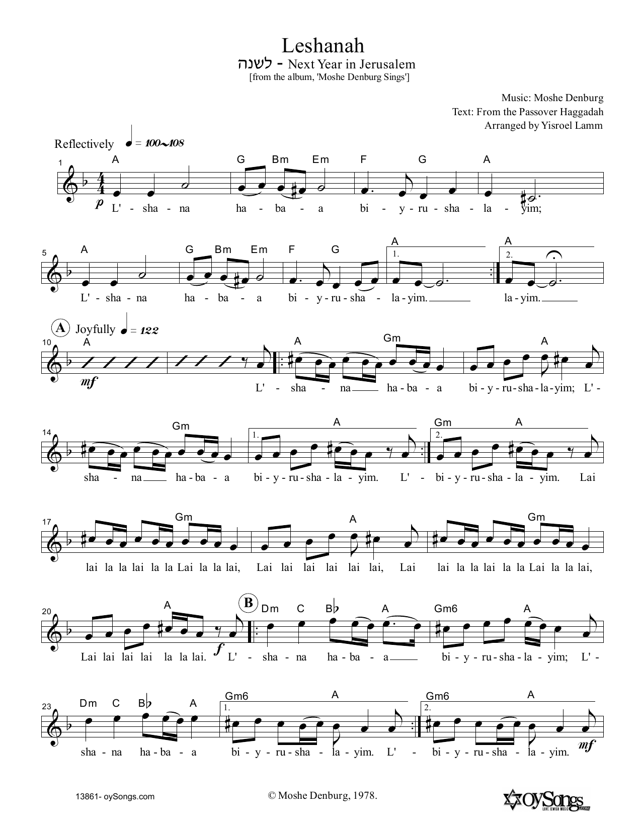 Moshe Denburg Leshanah Sheet Music Notes & Chords for Melody Line, Lyrics & Chords - Download or Print PDF