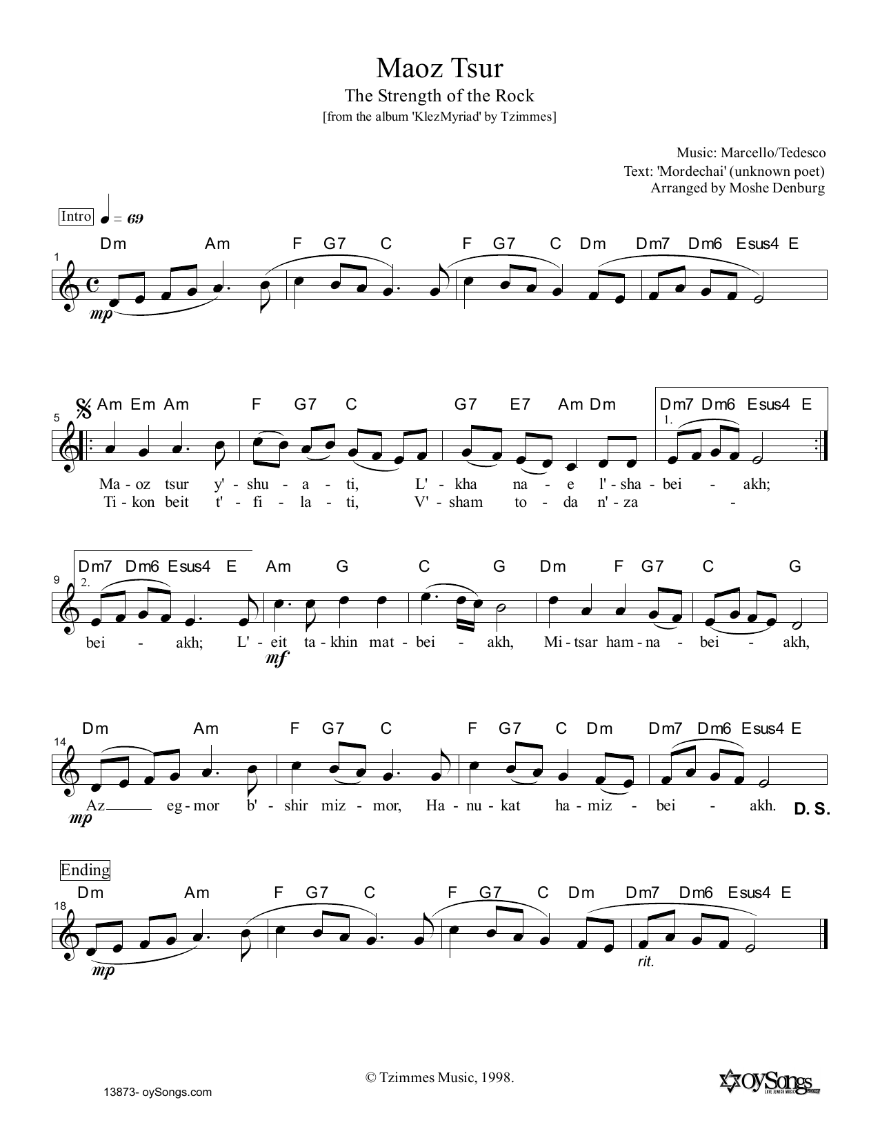 Moshe Denburg Maoz Tsur Sheet Music Notes & Chords for Melody Line, Lyrics & Chords - Download or Print PDF