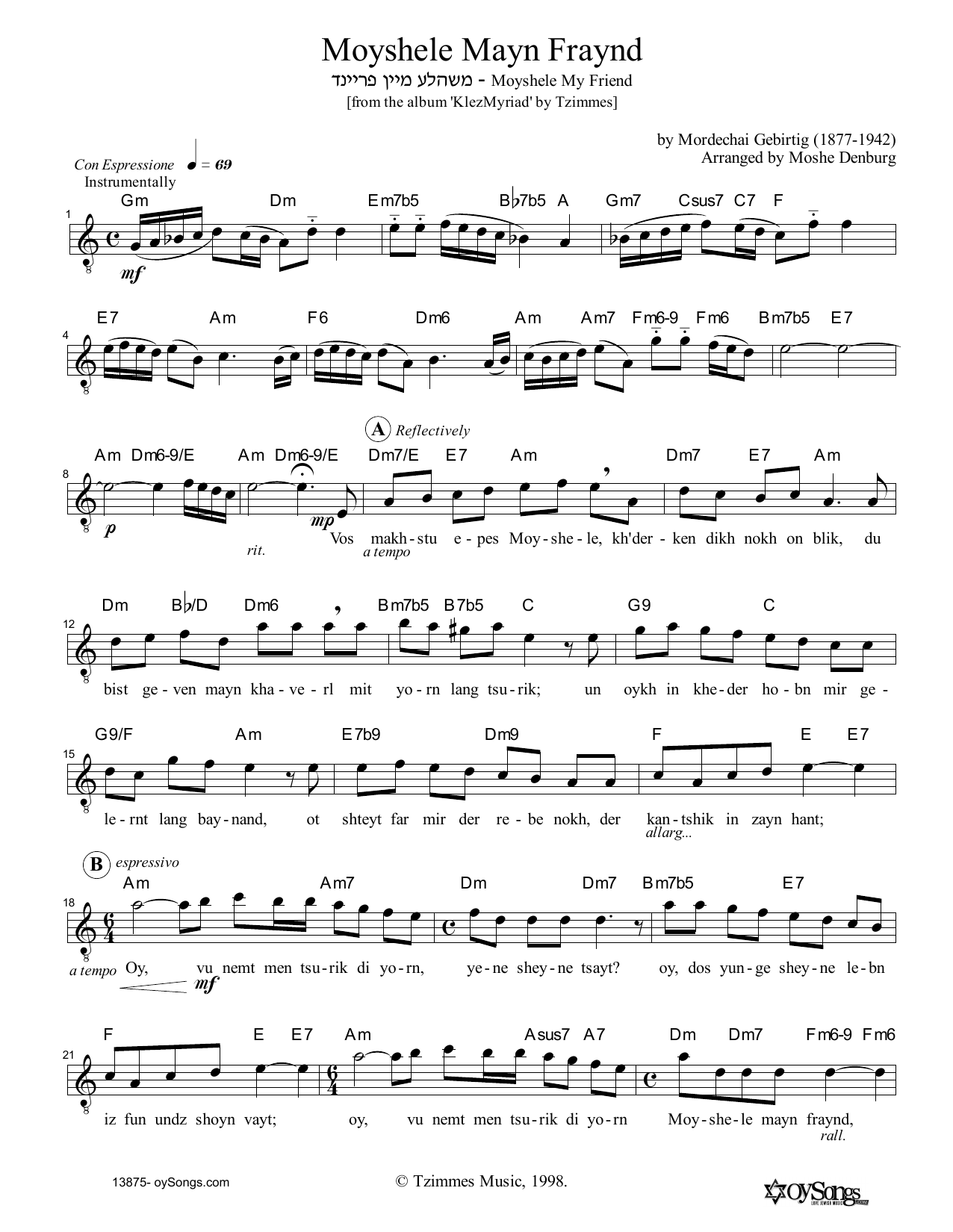Moshe Denburg Moyshele Mayn Fraynd Sheet Music Notes & Chords for Melody Line, Lyrics & Chords - Download or Print PDF