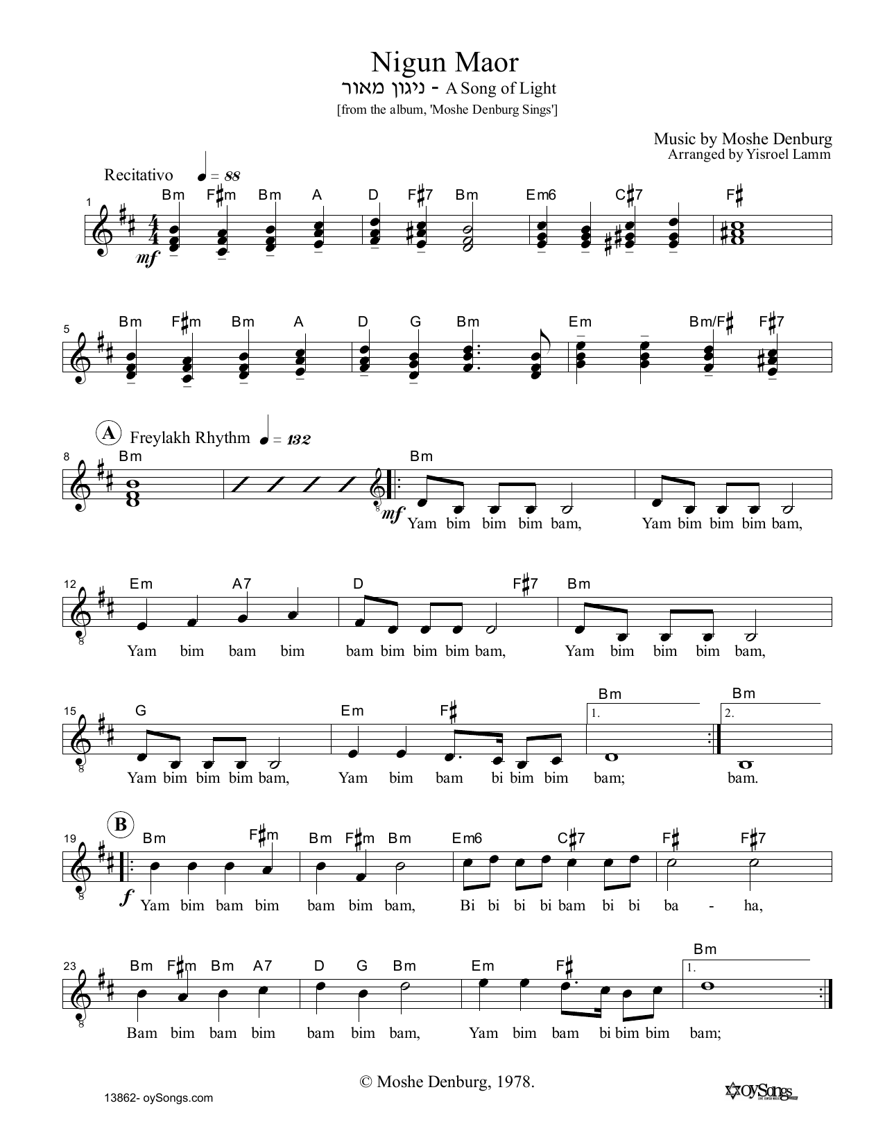 Moshe Denburg Nigun Maor Sheet Music Notes & Chords for Melody Line, Lyrics & Chords - Download or Print PDF