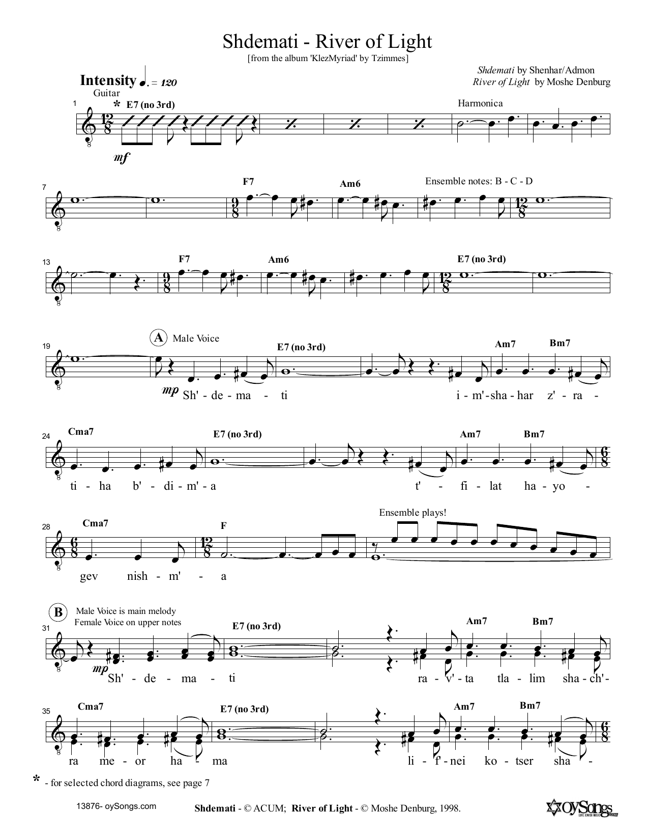 Moshe Denburg Shdemati - River of Light Sheet Music Notes & Chords for Melody Line, Lyrics & Chords - Download or Print PDF