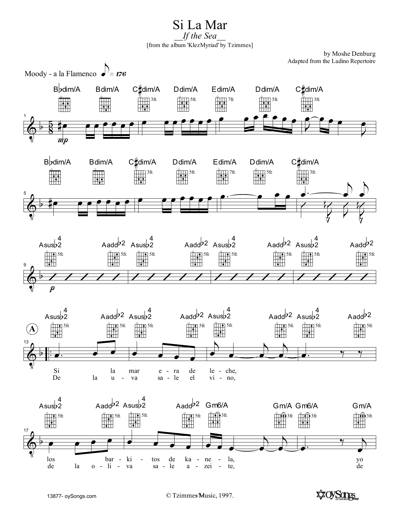 Moshe Denburg Si La Mar Sheet Music Notes & Chords for Melody Line, Lyrics & Chords - Download or Print PDF