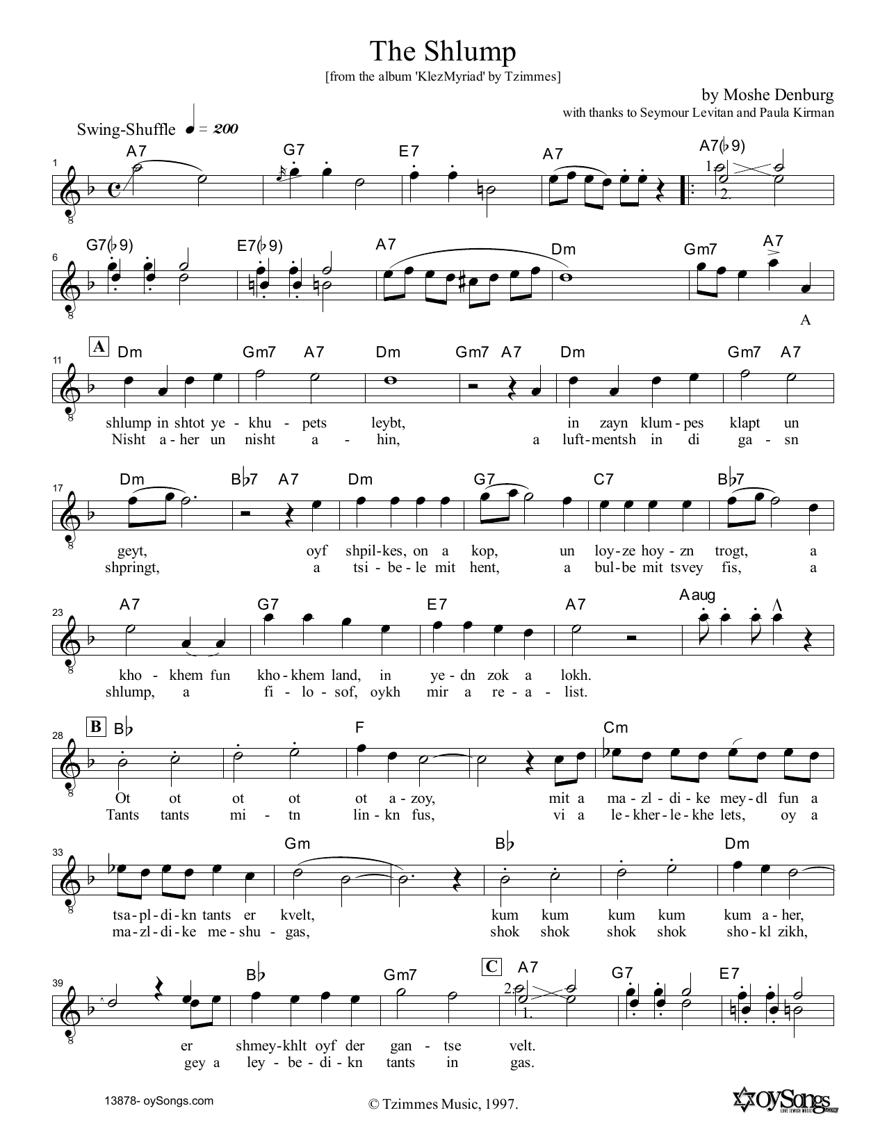 Moshe Denburg The Shlump Sheet Music Notes & Chords for Melody Line, Lyrics & Chords - Download or Print PDF