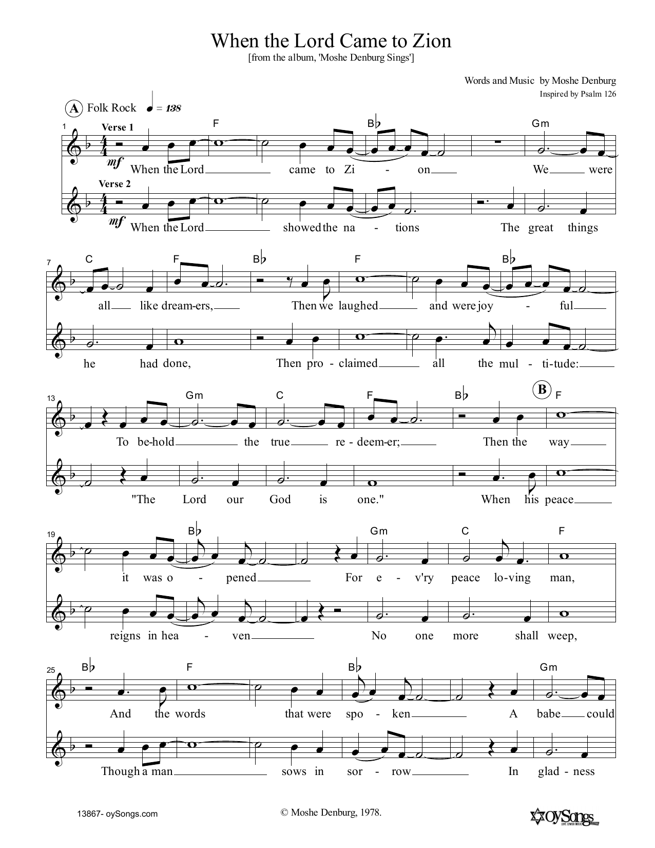 Moshe Denburg When The Lord Came To Zion Sheet Music Notes & Chords for Melody Line, Lyrics & Chords - Download or Print PDF