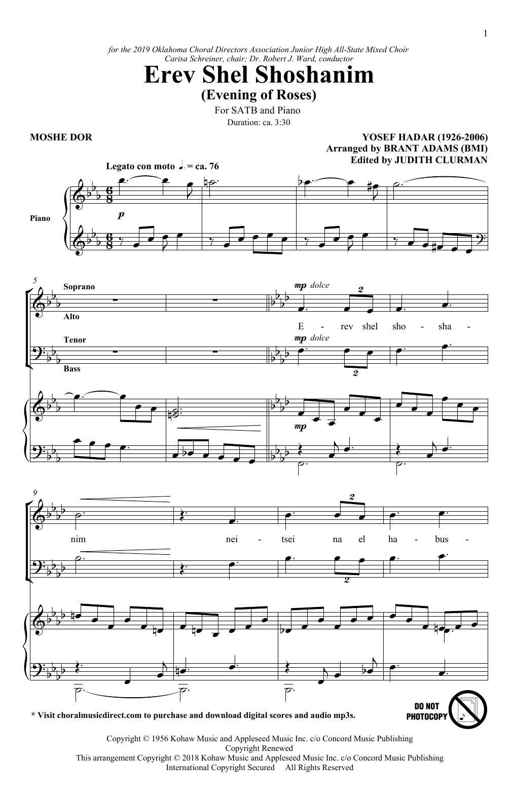 Moshe Dor & Yosef Hadar Erev Shel Shoshanim (arr. Brant Adams) Sheet Music Notes & Chords for SATB Choir - Download or Print PDF