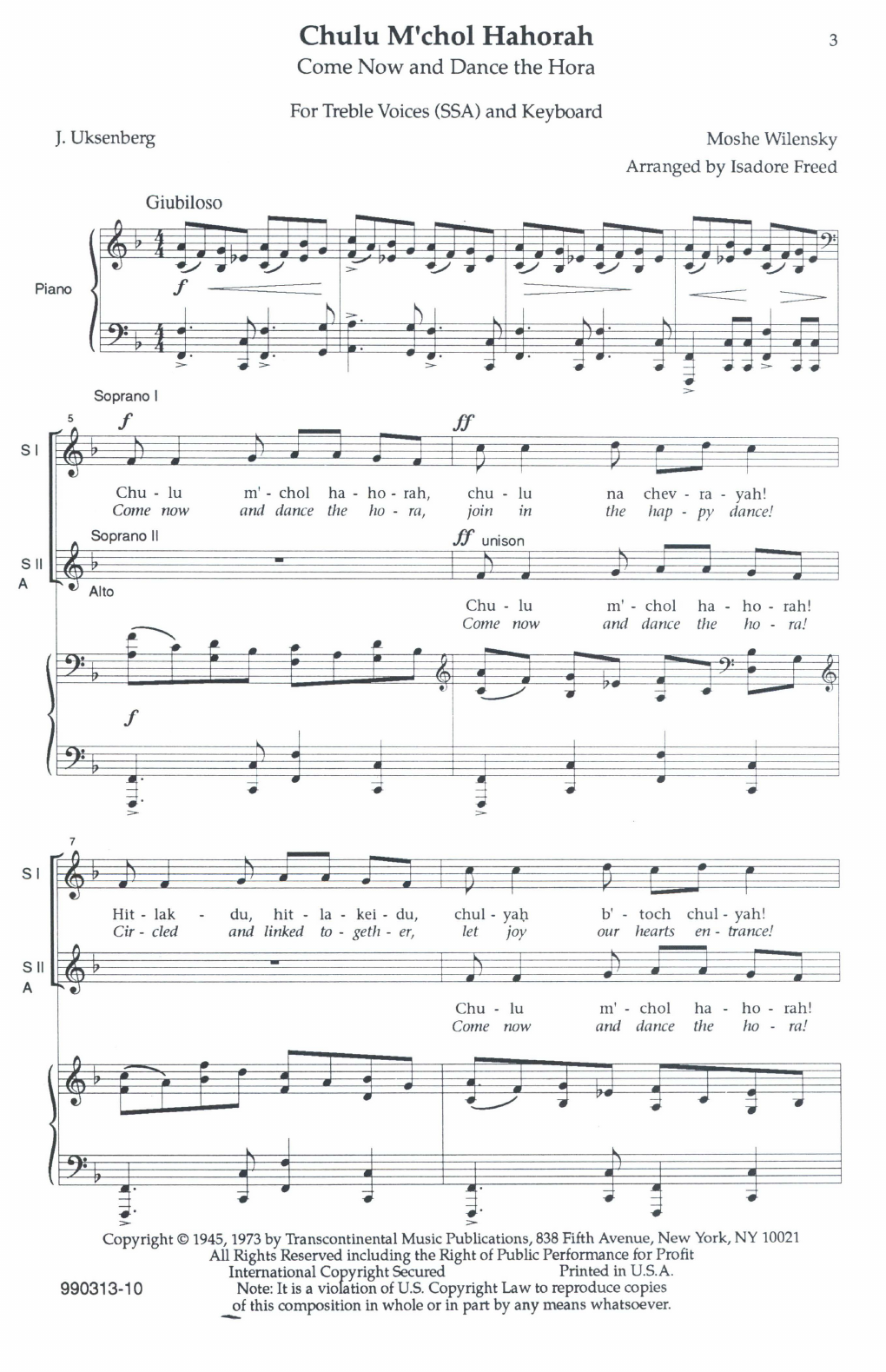 Moshe Wilenski Chulu M'chol Hahora (Come Now And Dance The Hora) Sheet Music Notes & Chords for SSA Choir - Download or Print PDF
