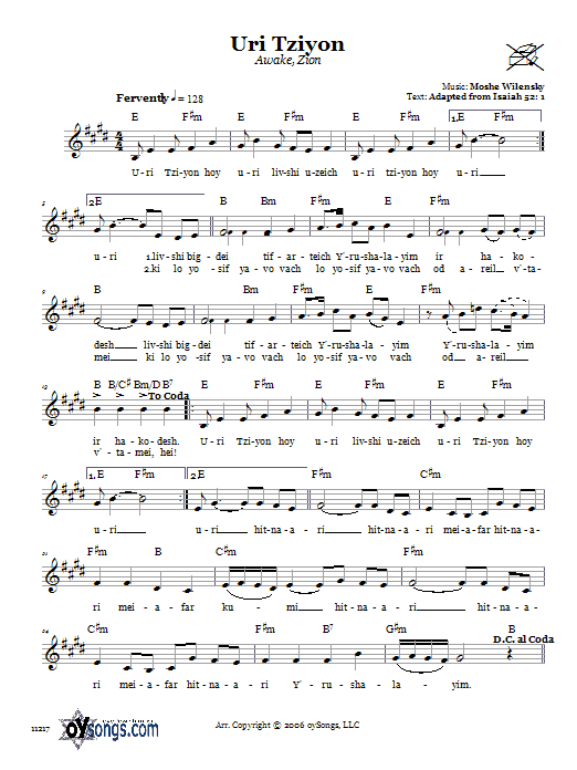 Moshe Wilensky Uri Tziyon (Awake, Zion) Sheet Music Notes & Chords for Melody Line, Lyrics & Chords - Download or Print PDF