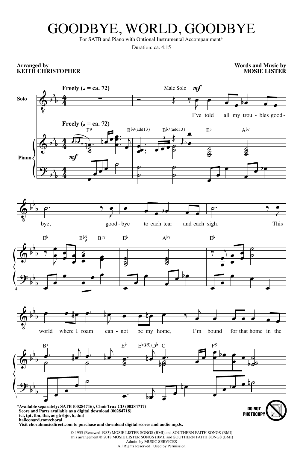 Mosie Lister Goodbye, World, Goodbye (arr. Keith Christopher) Sheet Music Notes & Chords for TTBB Choir - Download or Print PDF Mosie Lister Goodbye, World, Goodbye (arr. Keith Christopher) Sheet Music Notes & Chords for TTBB Choir - Download or Print PDF