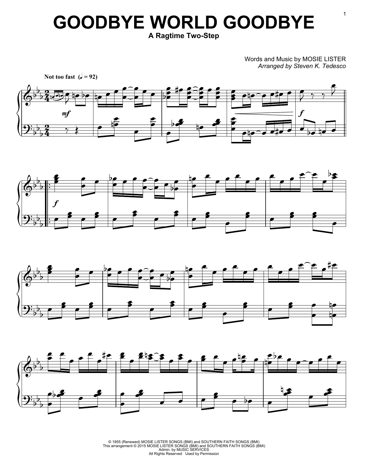 Mosie Lister Goodbye World Goodbye (arr. Steven K. Tedesco) Sheet Music Notes & Chords for Piano Solo - Download or Print PDF Mosie Lister Goodbye World Goodbye (arr. Steven K. Tedesco) Sheet Music Notes & Chords for Piano Solo - Download or Print PDF