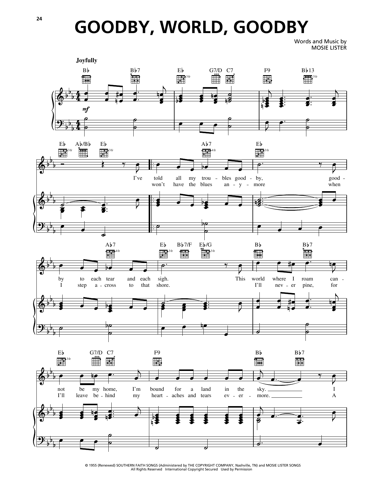 Mosie Lister Goodbye World Goodbye Sheet Music Notes & Chords for Piano, Vocal & Guitar Chords (Right-Hand Melody) - Download or Print PDF