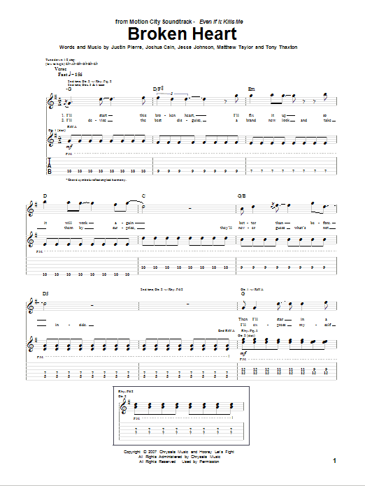 Motion City Soundtrack Broken Heart Sheet Music Notes & Chords for Guitar Tab - Download or Print PDF