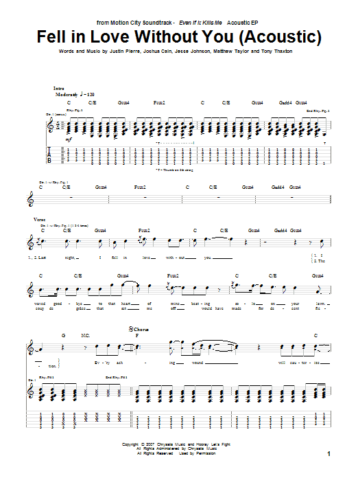 Motion City Soundtrack Fell In Love Without You (Acoustic Version) Sheet Music Notes & Chords for Guitar Tab - Download or Print PDF