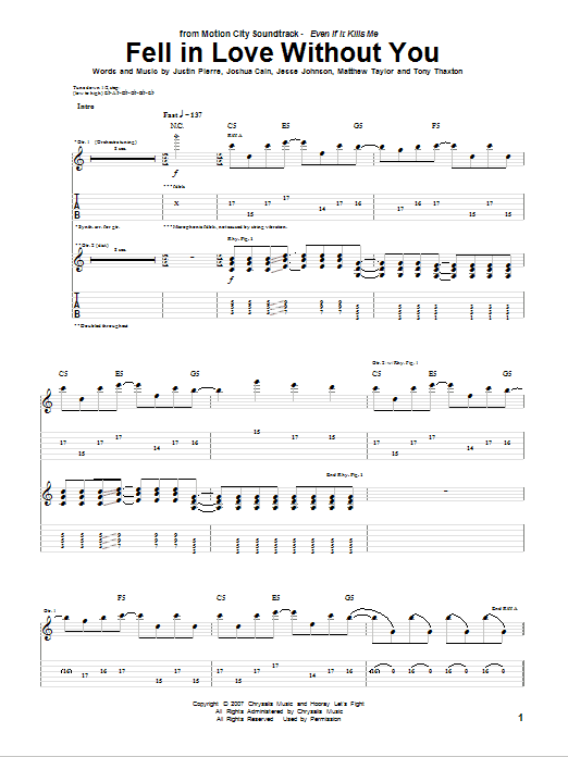 Motion City Soundtrack Fell In Love Without You Sheet Music Notes & Chords for Guitar Tab - Download or Print PDF